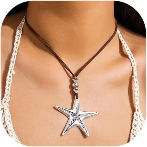 Starfish Necklace for Women Starfish Pendant Necklace White Blue Silver Starfish Necklace Boho Layered Starfish Pendant Choker Summer Beach Necklaces Jewelry for Women Girls in Saudi Arabia