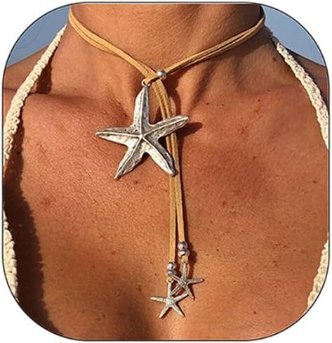 Starfish Necklace for Women Starfish Pendant Necklace White Blue Silver Starfish Necklace Boho Layered Starfish Pendant Choker Summer Beach Necklaces Jewelry for Women Girls in Saudi Arabia