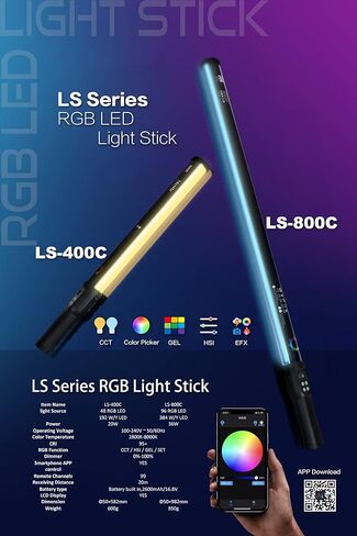 LS-800C 36W RGB مصباح فيديو LED محمول باليد، مع بطارية مدمجة قابلة لإعادة الشحن 44WH والتحكم في التطبيق، قابل للتعديل 2800K-8000K (98 سم) in Kuwait