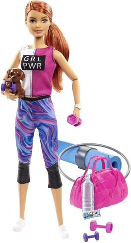 Barbie Doll, Red-Haired Fitness Doll with Puppy & 9 Accessories Including Yoga Mat with Strap, Hula Hoop, Weights & Bag in Saudi Arabia