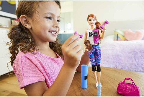 Barbie Doll, Red-Haired Fitness Doll with Puppy & 9 Accessories Including Yoga Mat with Strap, Hula Hoop, Weights & Bag in Saudi Arabia