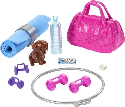 Barbie Doll, Red-Haired Fitness Doll with Puppy & 9 Accessories Including Yoga Mat with Strap, Hula Hoop, Weights & Bag in Saudi Arabia
