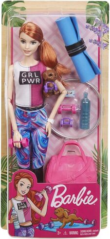 Barbie Doll, Red-Haired Fitness Doll with Puppy & 9 Accessories Including Yoga Mat with Strap, Hula Hoop, Weights & Bag in Saudi Arabia
