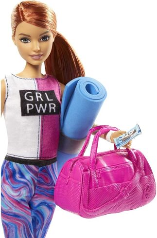 Barbie Doll, Red-Haired Fitness Doll with Puppy & 9 Accessories Including Yoga Mat with Strap, Hula Hoop, Weights & Bag in Saudi Arabia