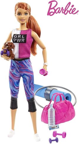 Barbie Doll, Red-Haired Fitness Doll with Puppy & 9 Accessories Including Yoga Mat with Strap, Hula Hoop, Weights & Bag in Saudi Arabia