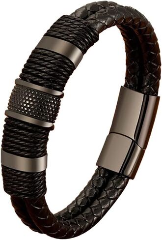 Stainless Steel Braided Leather Bracelet for Men Cuff Bracelet with Magnetic Clasp DD154 in Saudi Arabia