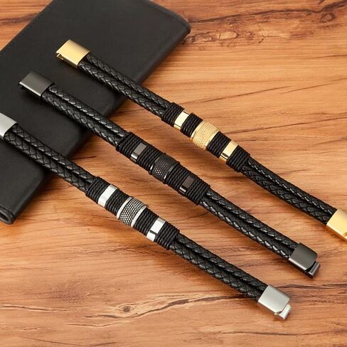 Stainless Steel Braided Leather Bracelet for Men Cuff Bracelet with Magnetic Clasp DD154 in Saudi Arabia