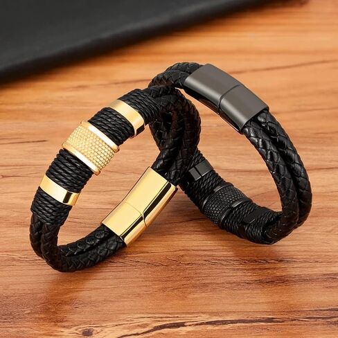 Stainless Steel Braided Leather Bracelet for Men Cuff Bracelet with Magnetic Clasp DD154 in Saudi Arabia