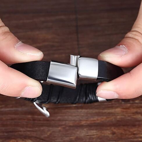 Stainless Steel Braided Leather Bracelet for Men Cuff Bracelet with Magnetic Clasp DD154 in Saudi Arabia