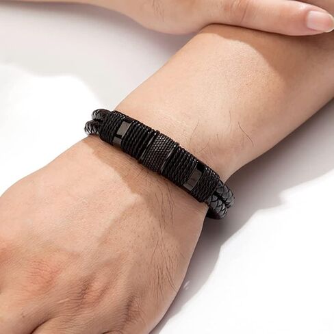 Stainless Steel Braided Leather Bracelet for Men Cuff Bracelet with Magnetic Clasp DD154 in Saudi Arabia