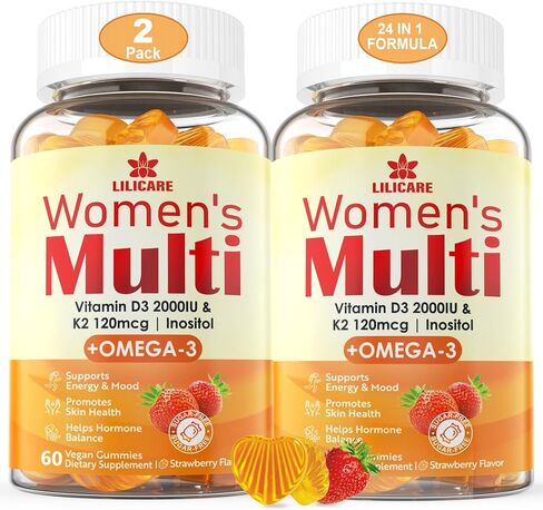 Womens Multivitamin Gummies, Sugar-Free Methylated Multivitamins w/D3 + K2, Vegan Omega 3, Algae Calcium, Daily Vitamin A C E B6 B12 Folate, Inositol, Minerals for Energy, Mood, Bone, Hormore, 60 Cts in Saudi Arabia
