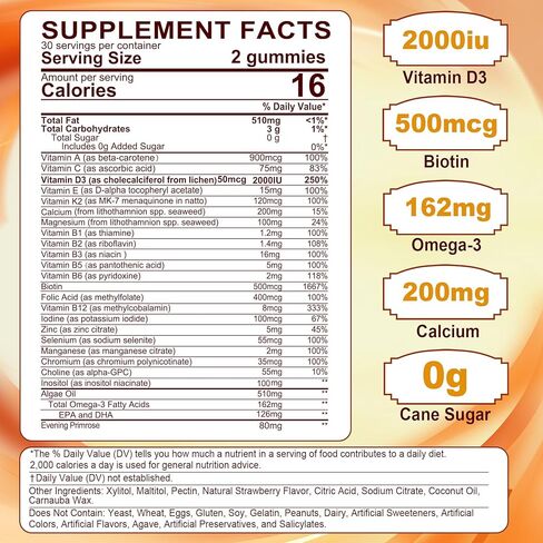 Womens Multivitamin Gummies, Sugar-Free Methylated Multivitamins w/D3 + K2, Vegan Omega 3, Algae Calcium, Daily Vitamin A C E B6 B12 Folate, Inositol, Minerals for Energy, Mood, Bone, Hormore, 60 Cts in Saudi Arabia