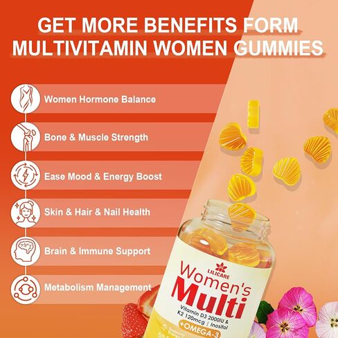 Womens Multivitamin Gummies, Sugar-Free Methylated Multivitamins w/D3 + K2, Vegan Omega 3, Algae Calcium, Daily Vitamin A C E B6 B12 Folate, Inositol, Minerals for Energy, Mood, Bone, Hormore, 60 Cts in Saudi Arabia