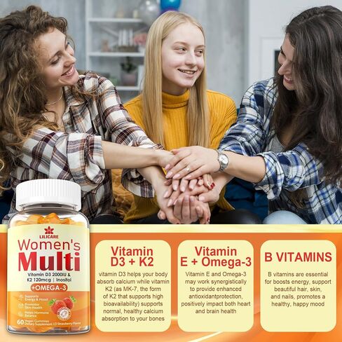 Womens Multivitamin Gummies, Sugar-Free Methylated Multivitamins w/D3 + K2, Vegan Omega 3, Algae Calcium, Daily Vitamin A C E B6 B12 Folate, Inositol, Minerals for Energy, Mood, Bone, Hormore, 60 Cts in Saudi Arabia