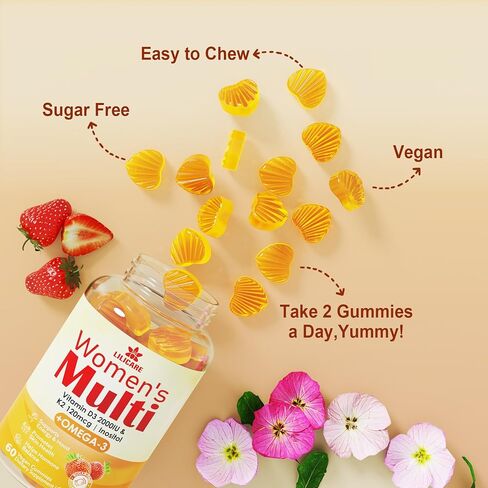 Womens Multivitamin Gummies, Sugar-Free Methylated Multivitamins w/D3 + K2, Vegan Omega 3, Algae Calcium, Daily Vitamin A C E B6 B12 Folate, Inositol, Minerals for Energy, Mood, Bone, Hormore, 60 Cts in Saudi Arabia