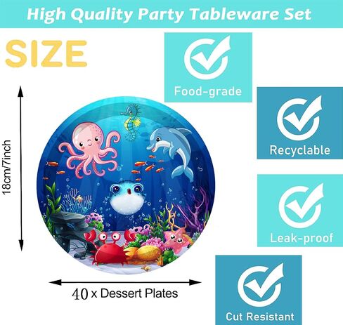 40Pcs Under the Sea Birthday Party Supplies Ocean Sea Life Party Paper Plates Ocean Animal Dessert Plates for Sea Horse Puffer Fish Octopus Marine Animals Theme Under The Sea Party Decorations (Sea) in Saudi Arabia