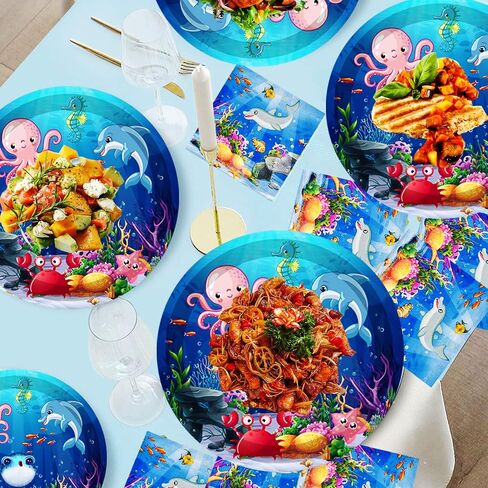 40Pcs Under the Sea Birthday Party Supplies Ocean Sea Life Party Paper Plates Ocean Animal Dessert Plates for Sea Horse Puffer Fish Octopus Marine Animals Theme Under The Sea Party Decorations (Sea) in Saudi Arabia