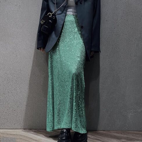 Women's Shiny Sparkly Sequin Maxi Skirt Sexy Glitter High Waist Stretchy Long Skirts Night Out Bodycon Party Clubwear in Saudi Arabia