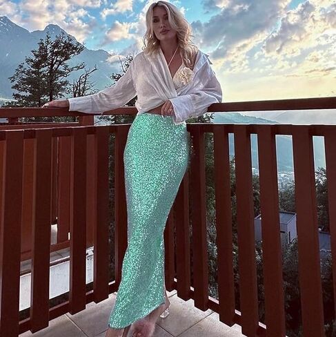 Women's Shiny Sparkly Sequin Maxi Skirt Sexy Glitter High Waist Stretchy Long Skirts Night Out Bodycon Party Clubwear in Saudi Arabia