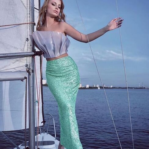 Women's Shiny Sparkly Sequin Maxi Skirt Sexy Glitter High Waist Stretchy Long Skirts Night Out Bodycon Party Clubwear in Saudi Arabia
