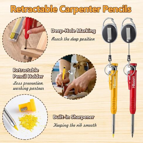 Hiboom Mechanical Carpenter Pencil with Retractable Holder, Deep Hole Construction Pencil with 24 Refills and Built in Sharpener, Heavy Duty Retractable Pull Pen Holder, Ideal for Carpenter Architect in Saudi Arabia