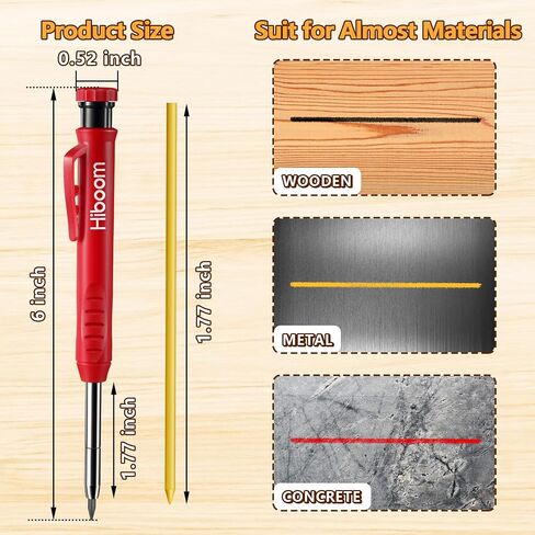 Hiboom Mechanical Carpenter Pencil with Retractable Holder, Deep Hole Construction Pencil with 24 Refills and Built in Sharpener, Heavy Duty Retractable Pull Pen Holder, Ideal for Carpenter Architect in Saudi Arabia