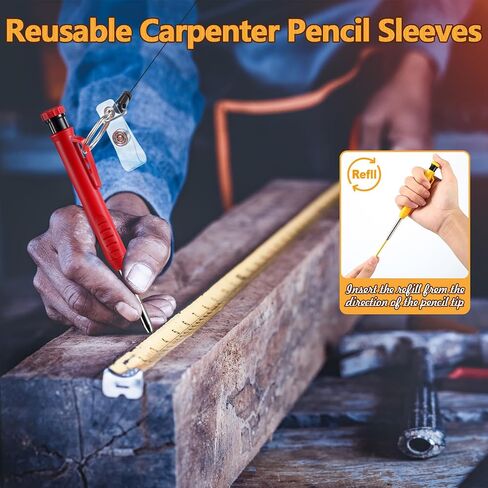 Hiboom Mechanical Carpenter Pencil with Retractable Holder, Deep Hole Construction Pencil with 24 Refills and Built in Sharpener, Heavy Duty Retractable Pull Pen Holder, Ideal for Carpenter Architect in Saudi Arabia