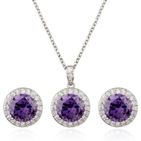 Bridal Crystal Jewelry Set - Sterling Silver Round Cubic Zirconia CZ Rhinestone Halo Birthstone Pendant Necklace Stud Earrings Set for Wedding Bride Bridesmaids Birthday Gift