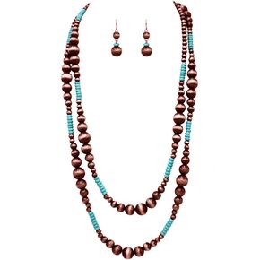 Rosemarie Collections Women's Extra Long Navajo Pearl And Turquoise Howlite Bead Statement Western Endless Strand Necklace Earrings Set, 60"