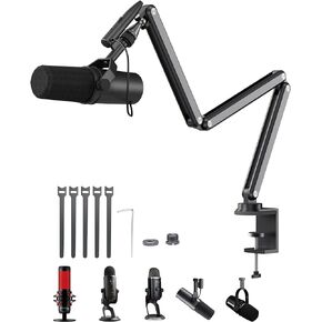 Aluminum Alloy Boom Arm Microphone Stand for Desk, Three-Section Adjustable Mic Arm Mount with Cable Management Channels for Desktop Podcasting, Recording, Streaming, Gaming, Home Office-Gray