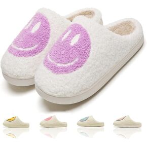 Cute House Slippers for Women Men with Memory Foam Retro Happy Face House Shoes Slippers Cozy Indoor Outdoor Fuzzy Plush Slip on Slippers Comfy Trendy Gift