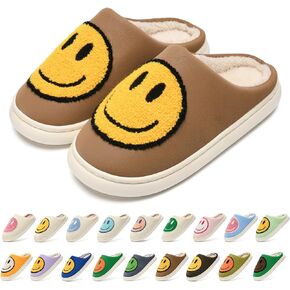 Cute smiling face Slippers for Women and Men，Women's Men's Retro Preppy Happy Face Slippers,Plush Slip-On Warm House Slipper for Winter,Non-slip PU Flat Slides