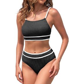 XUNYU Women Ribbed Scoop Neck Bikini 2 Piece Full Coverage Bathing Suits for Teen High Waisted Crop Top Swimsuit