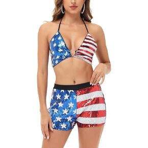 Anna-Kaci Women's 2 Piece July 4th Bikini Set USA Flag Sparkly Sequin Halter Top Shorts Sets