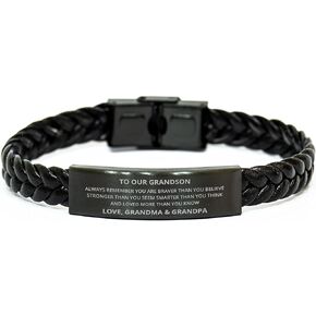 DARIN GIFT To Our Grandson Braided Leather Bracelet From Grandma Grandpa - Always Remember You Are Braver Than You Believe - Graduation Birthday Chritsmas Gifts For Men, Engraved Bracelet