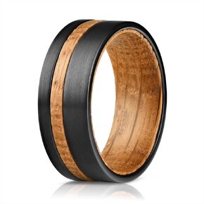 Men's Tungsten Carbide Wedding Band - Premium Grade Black Tungsten Whiskey with Wood inlay Wedding Ring for Men - Includes Silicon Band, Leather Drawstring Pouch, & Luxury Walnut Ring Box