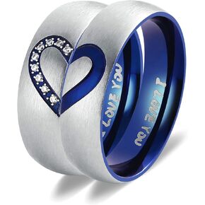 Promise Rings for Couples, His and Hers Wedding Ring Sets I Love You Engraved Matching Heart Blue Stainless Steel Ring 6MM (1PC ONLY)