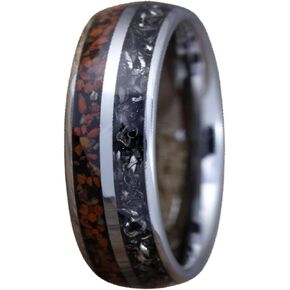 Gentlemen's Bands Premium Silver Tungsten Wedding Band with Dinosaur Bone & Meteorite Inlay | Wedding Ring Is Ideal Gift | Package Includes Silicon Band, Walnut Ring Box, Leather Pouch