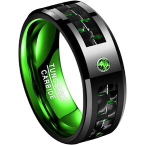 8mm Tungsten Rings for Men - Carbon Fiber Wedding Bands with CZ Inlay Black Blue/Green Two Tone Ring Beveled Edges Comfort Fit Size 6-15