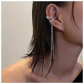Punk Cuff Chain Dangle Earrings Vintage Hoop Cuff Earrings Silver Long Chain Earring Claw Tassel Chain Earrings No Piercing Earrings Jewelry for Women and Teen Girls