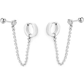 Cartilage Small Hoop Cuff Earrings for Women Teen Girls Dainty 3mm Tiny Mini Round CZ Stud Stainless Steel 18g Screw Back Helix Threader Chain Drop Dangle Delicate Double Piercing 2nd Holes Crawler Climbers Huggie Hoops Hypoallergenic Studs Gift Bff Birth