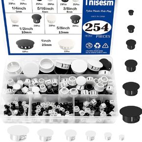Tnisesm 254Pcs 6 Sizes Nylon Plastic Hole Plug Kits 1/5" 1/4" 5/16" 3/8" 1/2" 1" Round Drill Hole, Flush Type Panel Knockout Locking Plugs, Black Screw Covers for Furniture Cabinet Insert End Caps