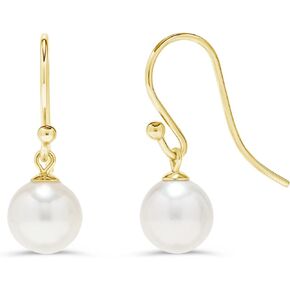 14K White and Yellow Gold AAAA 7-7.5mm Round White Akoya Pearl Wire Hook Dangle Style Hook Drop Earrings
