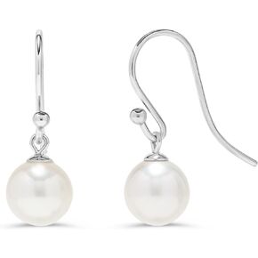 14K White and Yellow Gold AAAA 7-7.5mm Round White Akoya Pearl Wire Hook Dangle Style Hook Drop Earrings