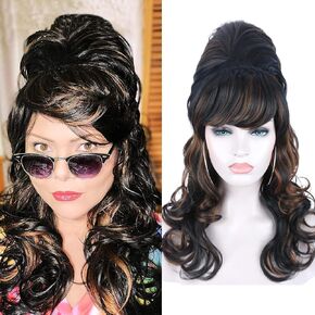 Kalyss Beehive Wigs for Women Black Brown Highlights Curly Wavy Long Soft and Natural Luster Synthetic Hair Cosplay Costume Wigs(Black Brown