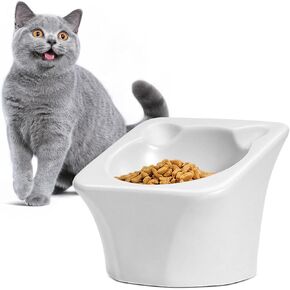 ComSaf Raised Cat Food Bowl, Cute Elevated Slanted Kitten Pet Feeding Bowl,Tilted Cat Food Dish, Ceramic Pet Food Water Feeder for Cat, Small Dogs, Anti Vomiting, Protect Pet's Spine, White