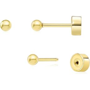 Sweetkiki Threadless Flat Back Earrings, 14K Gold Plated Ball Stud Earrings Hypoallergenic | Cartilage Earring | Helix Piercing Jewelry | Tragus Piercing Jewelry | Push in Flatback Earrings for Women Men Girls