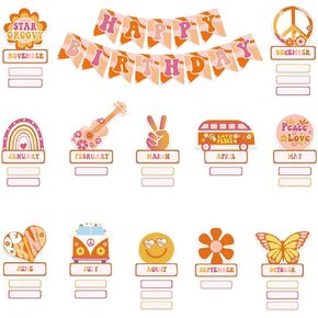 Groovy Classroom Happy Birthday Bulletin Boards Set with Glue Points Retro Orange Cut-Outs Calender Chart Poster for Party Supplies Classroom Bedroom Wall Decorations, 55Pcs