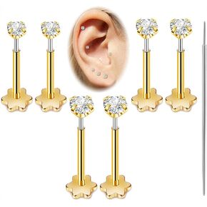 3Pairs 20G Threadless Studs Earrings Surgical Steel Flat Back Earrings for Women Men Hypoallergenic Push in Cartilage Helix Tragus Studs Earrings Piercing Jewelry
