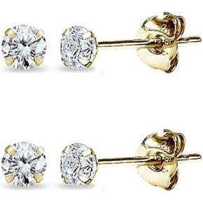 2 Pair Set 14K Gold Cubic Zirconia Tiny 2mm Round Unisex Stud Earrings for Men, Women, Boys & Girls